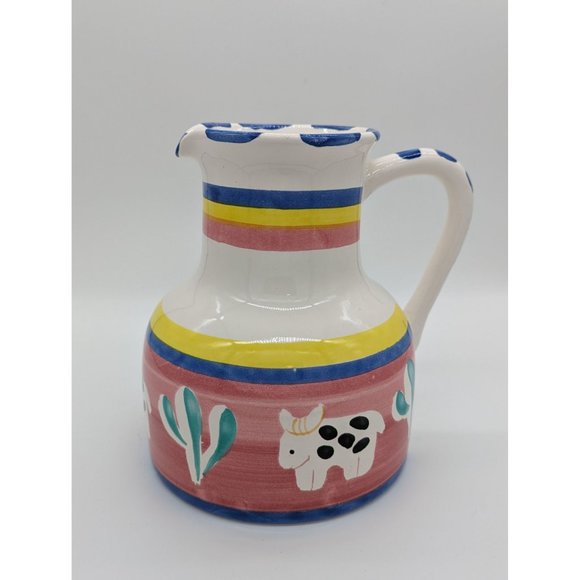 Ceramica Arte Bello Pitcher Jug Ceramic Hand-painted Cow Saguero Cactus - Picture 3 of 12